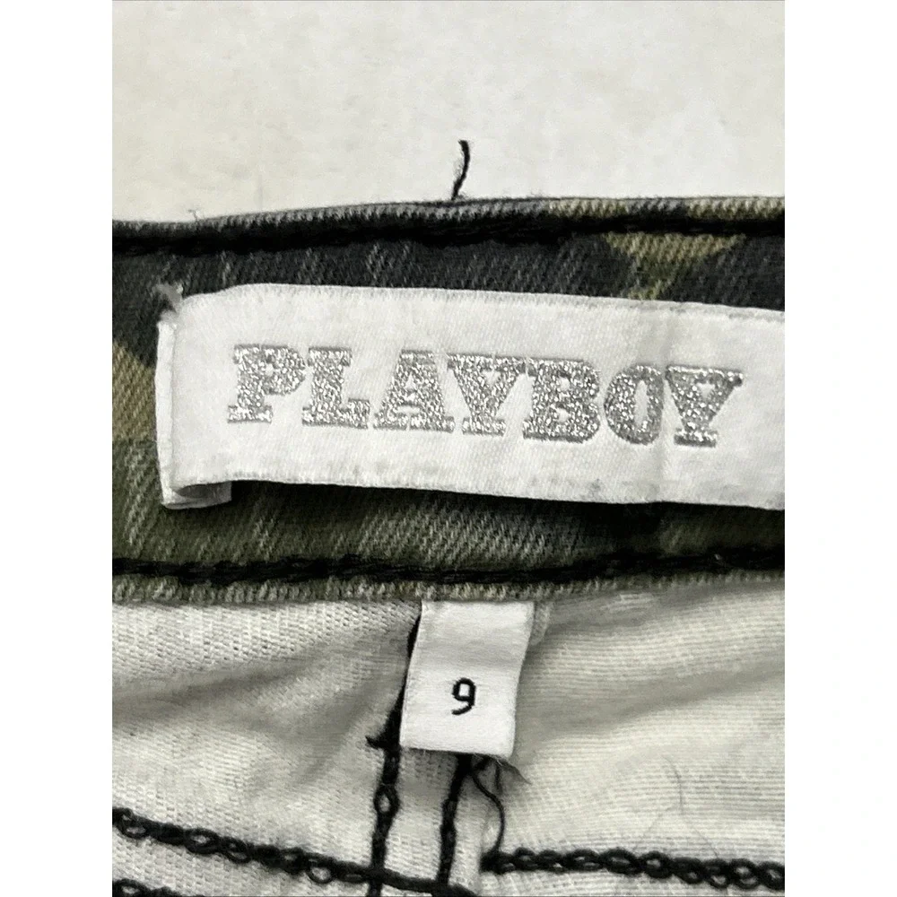 Women's‎ Y2K Playboy Camo Pants Baggy Rhinestone Bling Utility Wide Leg 9 Flare